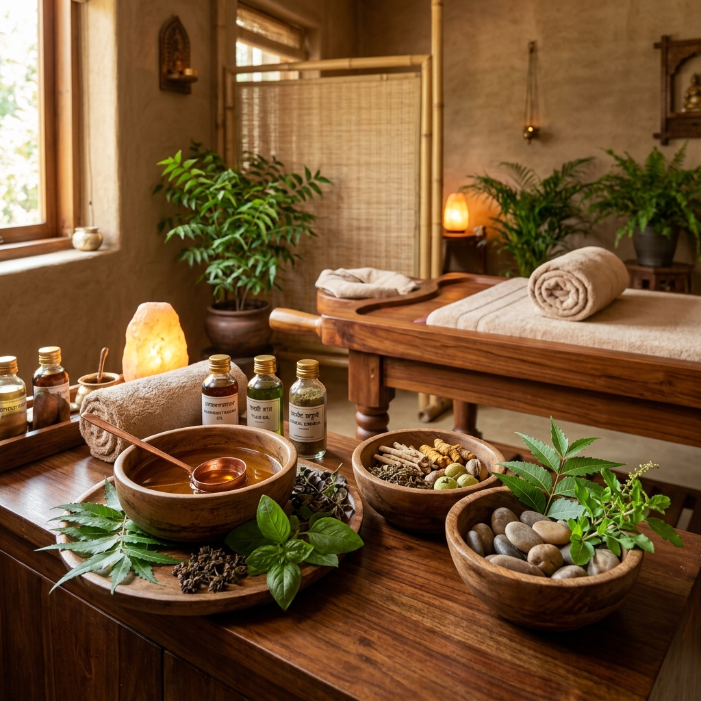 Calming traditional Ayurvedic setup with copper bowl, freshly picked green herbs and oils.