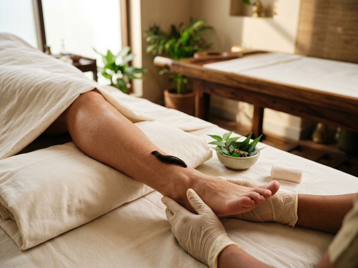 Raktamokshana medicinal leech therapy on skin for vascular blood purification
