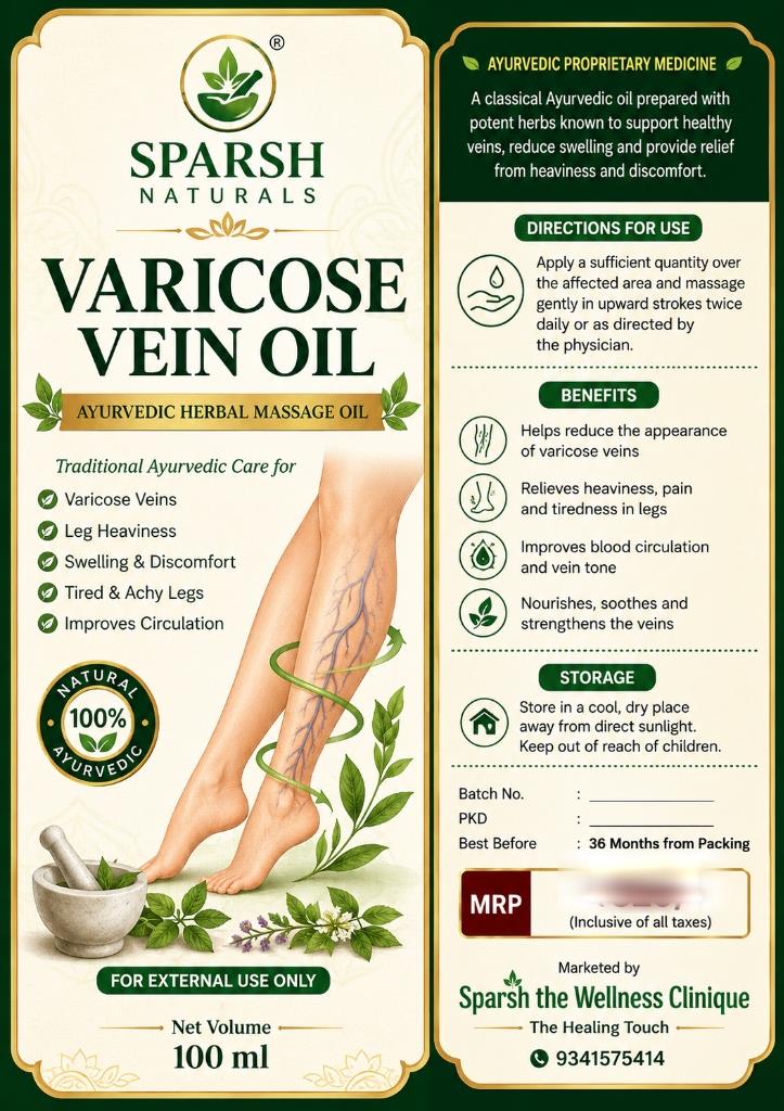 Sparsh Naturals Varicose Vein Oil bottle label detailing usage directions and clinical benefits.